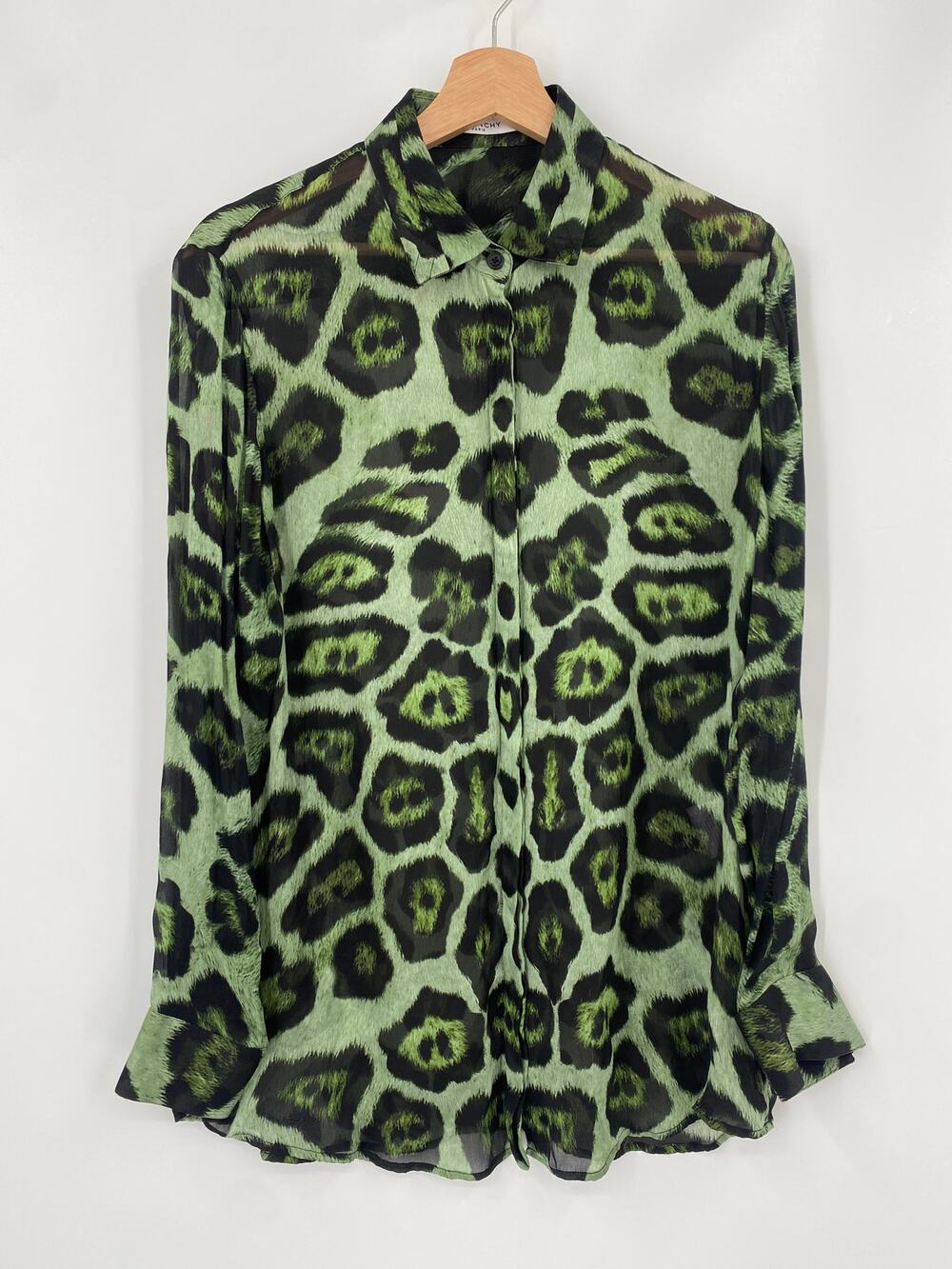 Givenchy green leopard silk button down blouse